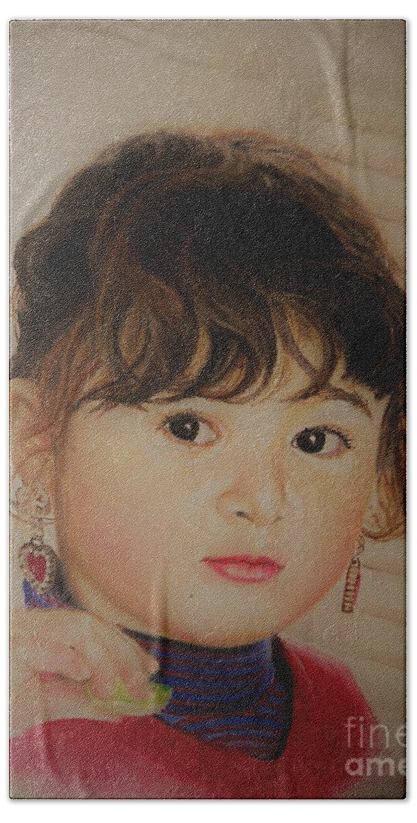Portrait Beach Sheet featuring the painting Little Girl by Sorin Apostolescu