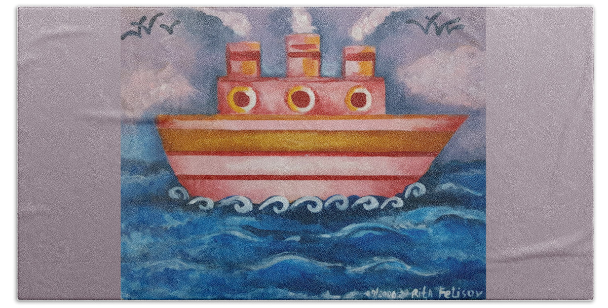 Ship Beach Towel featuring the painting Little Pink Ship by Rita Fetisov