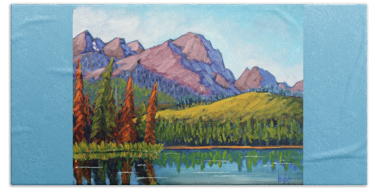 Little Redfish Lake Beach Towel featuring the painting Little Redfish Lake by Kevin Hughes