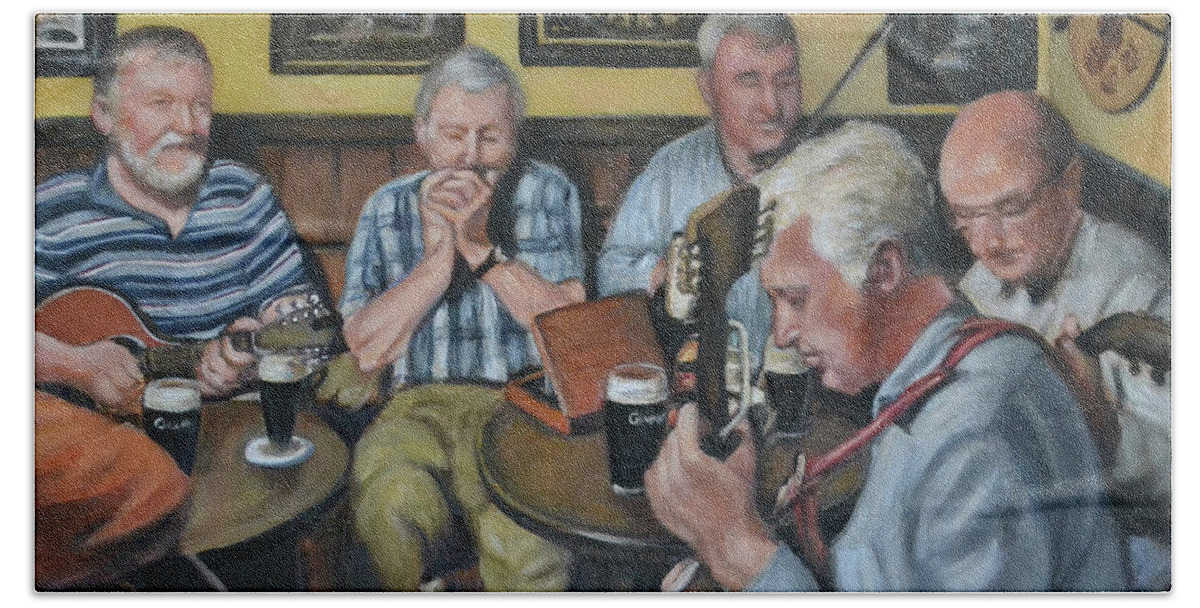 Irish Pub Beach Sheet featuring the painting Live at Matt Molloy's Pub by Melinda Saminski