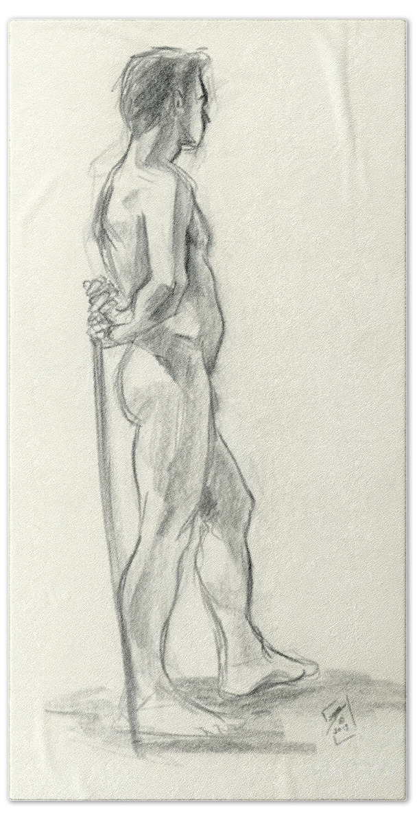 Sketch Beach Towel featuring the drawing Live Model - Side View with Stick by Brandy Woods