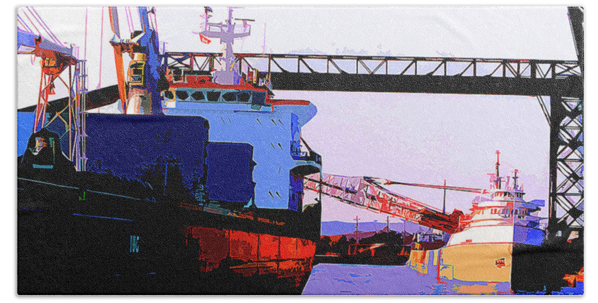 Boats Beach Sheet featuring the painting Loading The Iron Ore on the Great Lakes Freighters by CHAZ Daugherty