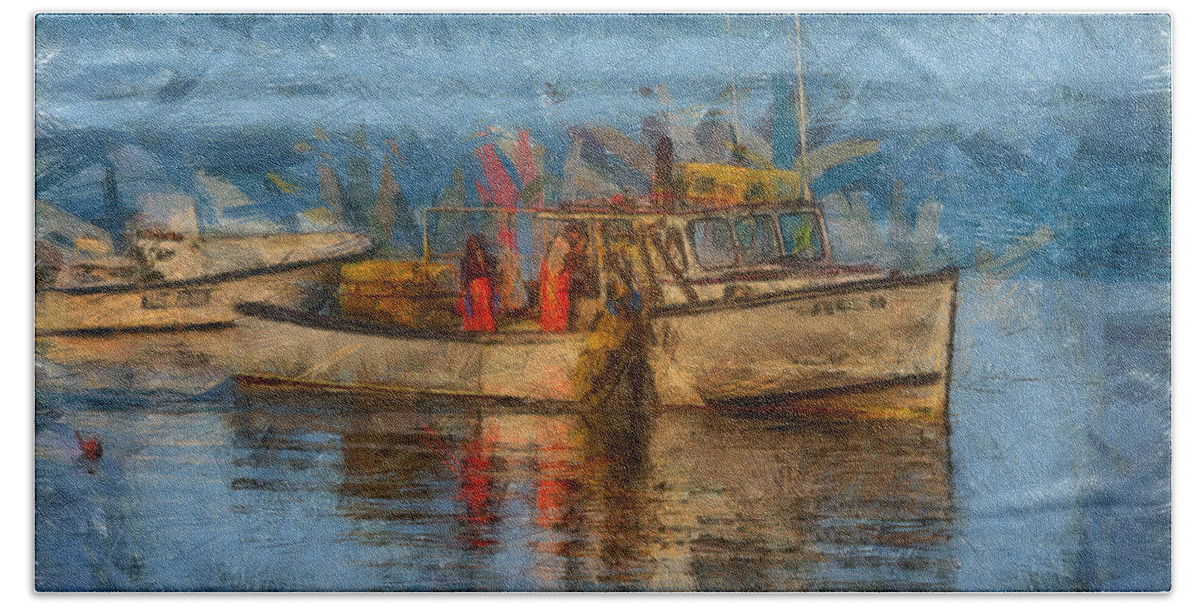 Salem Beach Towel featuring the photograph Lobster man pulling in his lobster pots by Jeff Folger