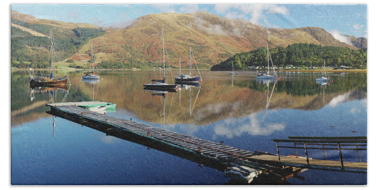 Ballachulish Beach Towel featuring the photograph Loch Leven Jetty and Boats by Grant Glendinning