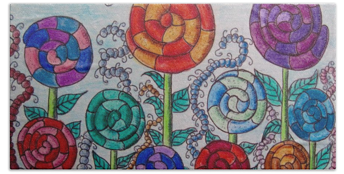 Children's Art Beach Sheet featuring the drawing Lollipop Garden by Megan Walsh