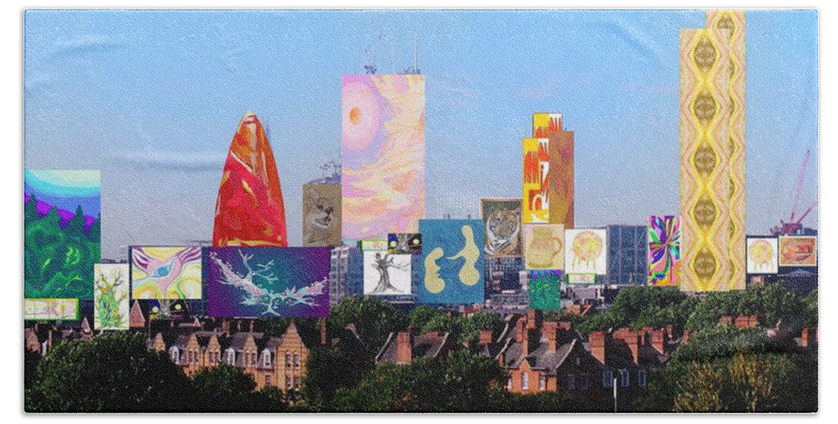 London Beach Sheet featuring the digital art London Skyline Collage 1 by Julia Woodman