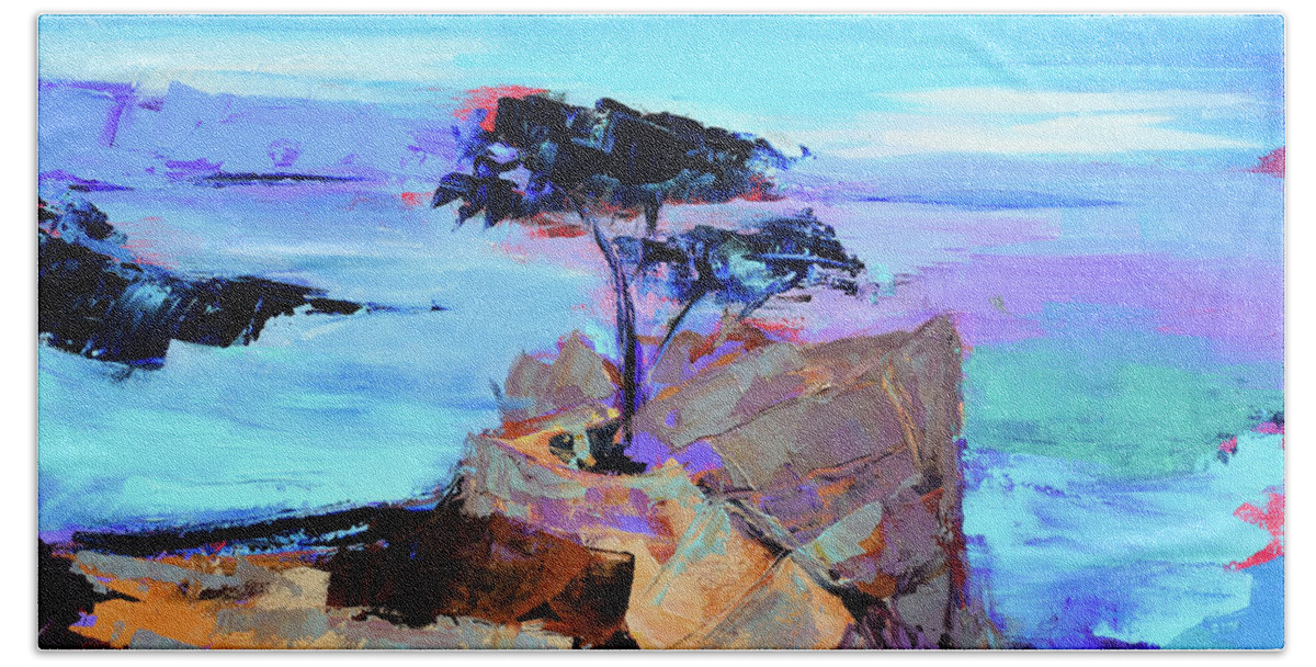 Lone Cypress Beach Sheet featuring the painting Lone Cypress - California by Elise Palmigiani