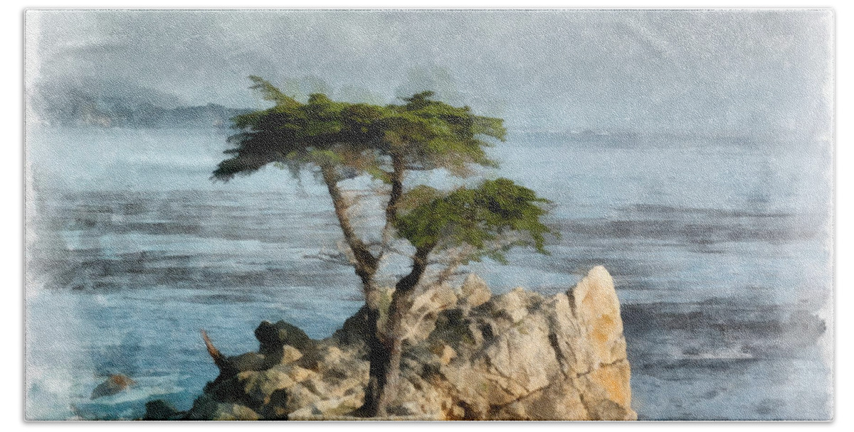 Lone Beach Towel featuring the digital art Lone Cypress Watercolor by Edward Fielding