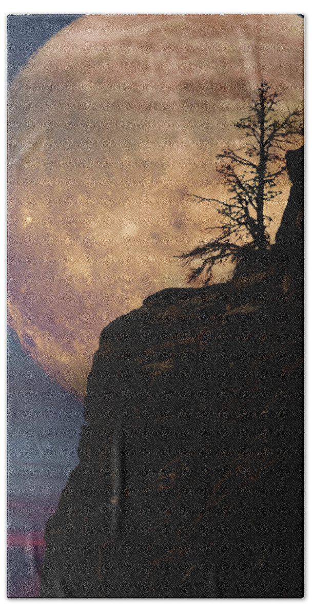 Alone Beach Towel featuring the photograph Lone tree with super moon by Mihai Andritoiu
