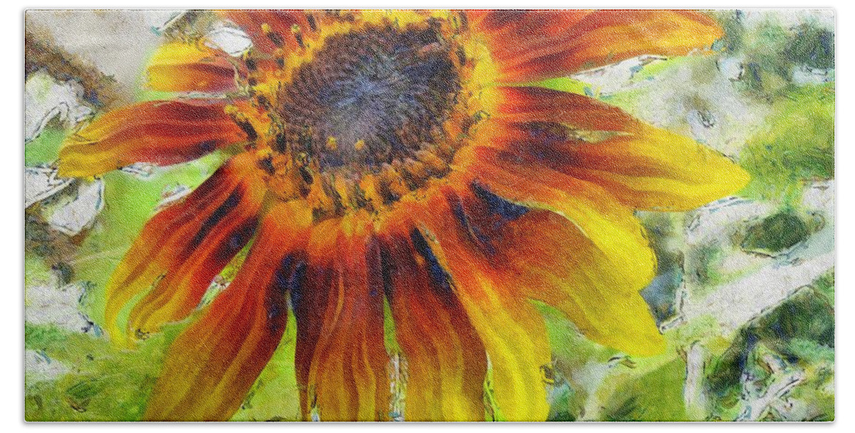 Sunflower Beach Towel featuring the painting Lonely Sunflower by Maciek Froncisz