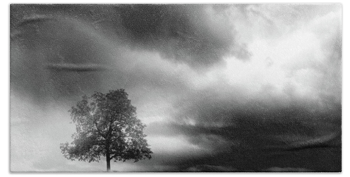 Tree Beach Towel featuring the digital art Lonely tree and dramatic sky - black and white by Lilia S