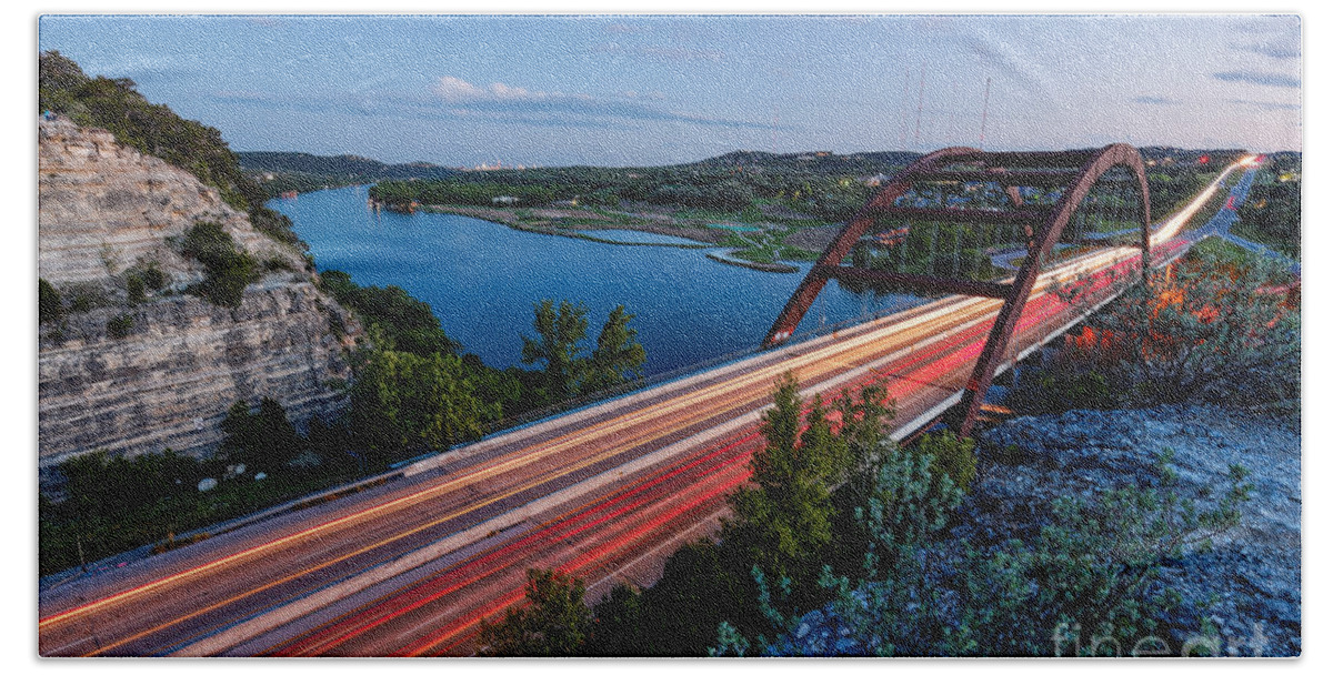 Percy Beach Sheet featuring the photograph Long Exposure View of Pennybacker Bridge over Lake Austin at Twilight - Austin Texas Hill Country by Silvio Ligutti