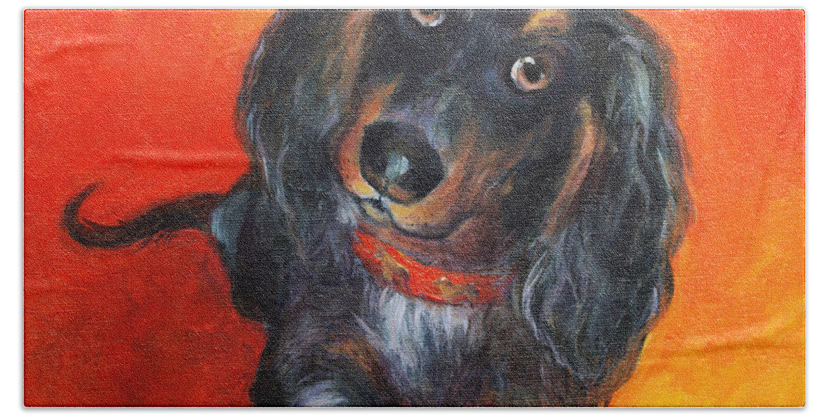 Long-haired Beach Towel featuring the painting Long haired Dachshund dog puppy Portrait painting by Svetlana Novikova