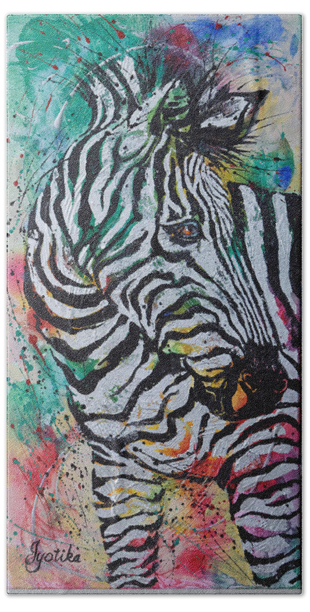 Zebra Beach Towel featuring the painting Looking Back by Jyotika Shroff