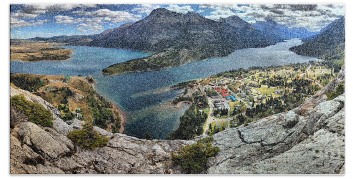 Bears Hump Beach Towel featuring the photograph Looking Down On Waterton Lakes by Adam Jewell