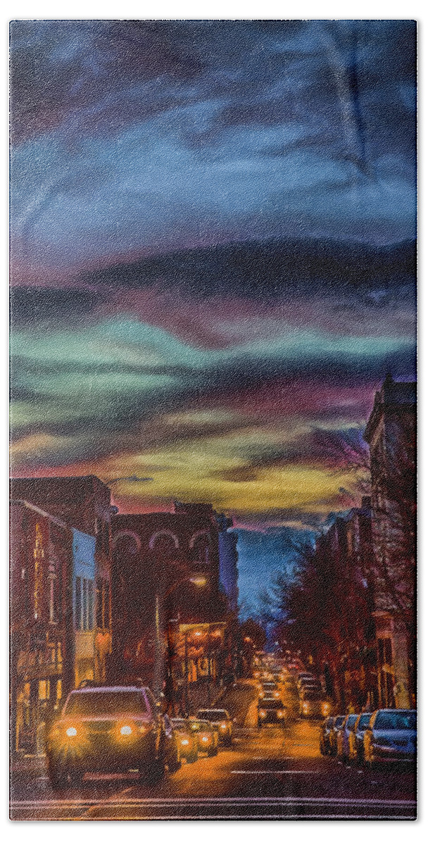 Sunset Beach Towel featuring the digital art Looking Down the Avenue at Sunset by John Haldane