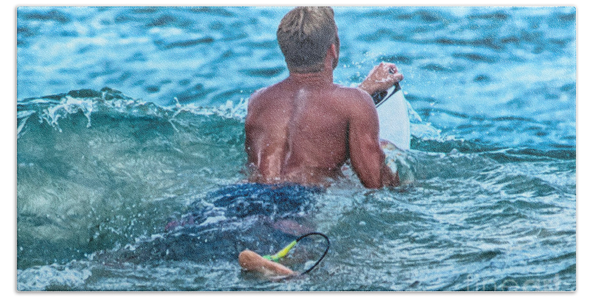 A Surfer Waits And Looks For The Next Wave To Ride. Beach Towel featuring the photograph In The Lineup by Eye Olating Images