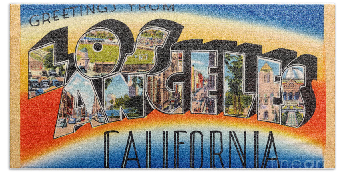 Travel Beach Towel featuring the painting Los Angeles Vintage Travel Postcard Restored by Vintage Treasure