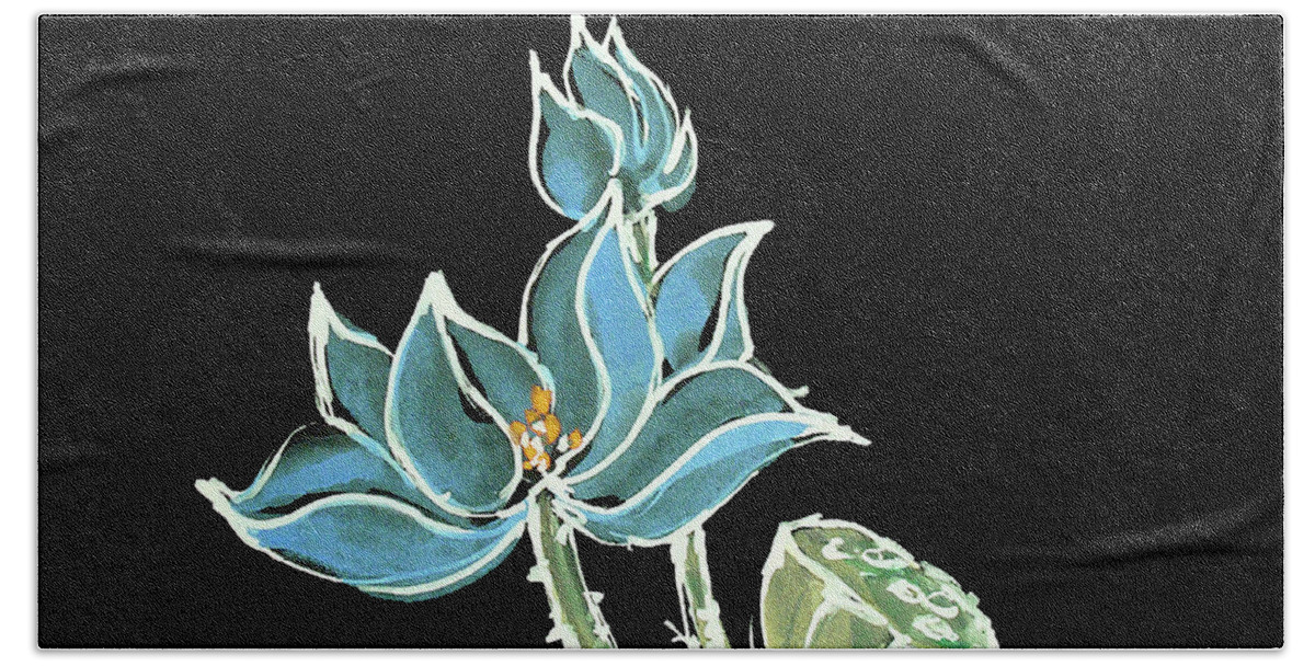 Original Watercolors Beach Towel featuring the painting Lotus-Blue by Chris Paschke