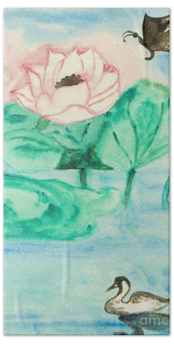 Art Beach Towel featuring the painting Lotus, butterfly and swan, painting by Irina Afonskaya