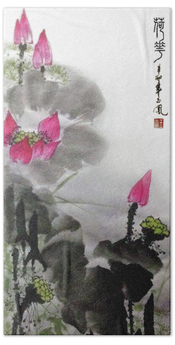 Lotus Beach Towel featuring the painting Lotus Flowers by Yufeng Wang
