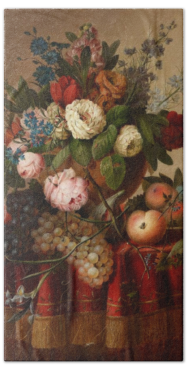Flower Beach Sheet featuring the painting Louis Vidal, Still Life with Flowers and Fruit by Louis Vidal