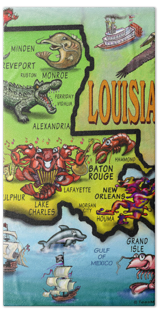 Louisiana Beach Sheet featuring the digital art Louisiana Cartoon Map by Kevin Middleton