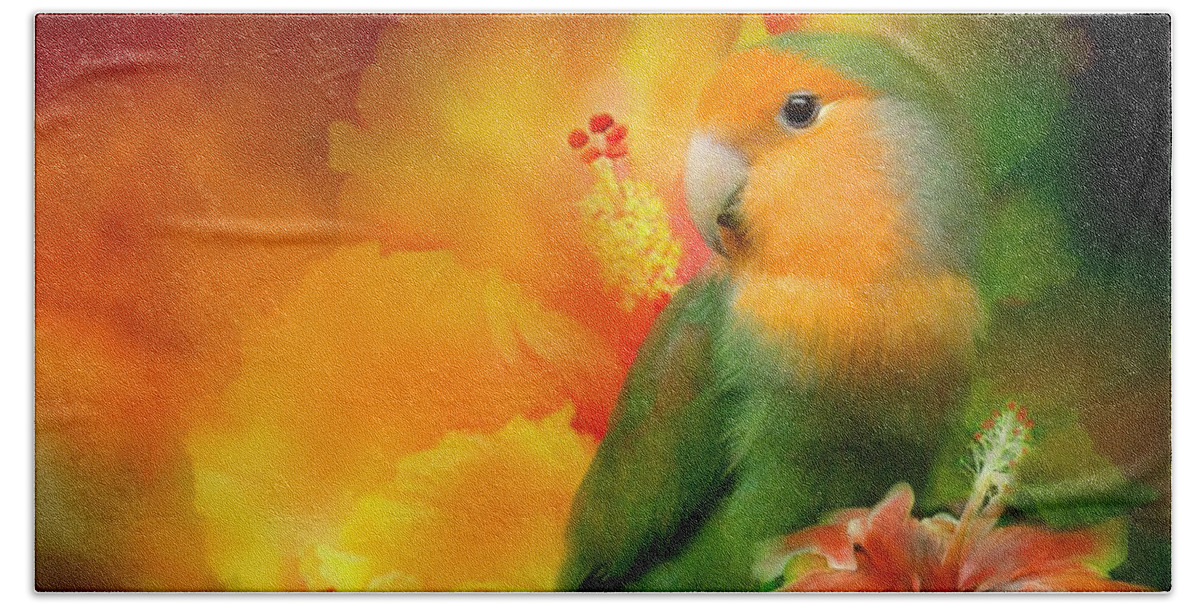 Lovebird Beach Sheet featuring the mixed media Love Among The Hibiscus by Carol Cavalaris