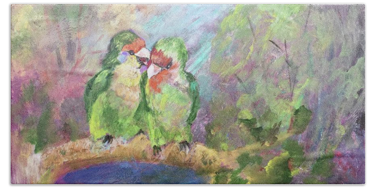 Two Little Lovebirds In A Forest. Beach Towel featuring the painting Love Birds by Charme Curtin