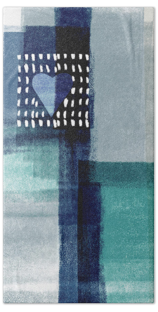 Minimal Beach Towel featuring the mixed media Love In Shades Of Blue- Abstract Art by Linda Woods by Linda Woods