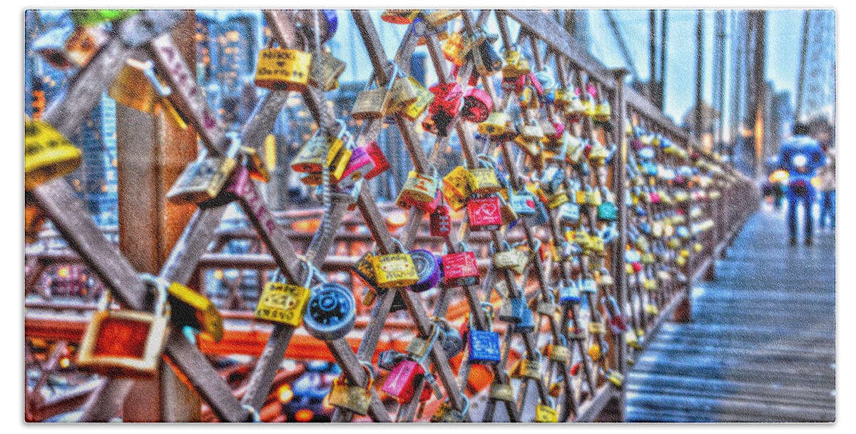 Love Locks Beach Towel featuring the photograph Love Locks on the Brooklyn Bridge Too by Randy Aveille