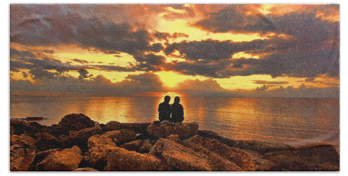 Sunset Beach Sheet featuring the photograph Love On The Rocks by Nadia Sanowar