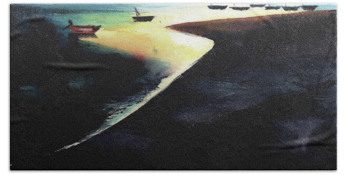 Nature Beach Towel featuring the painting Low Tide by Anil Nene