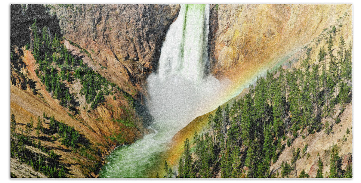 Yellowstone National Park Beach Towel featuring the photograph Lower Falls Rainbow by Greg Norrell