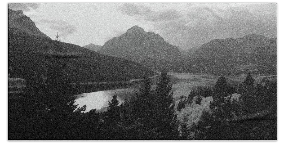 Two Medicine Lake Beach Towel featuring the photograph Lower Two Medicine Lake in Black and White by Tracey Vivar