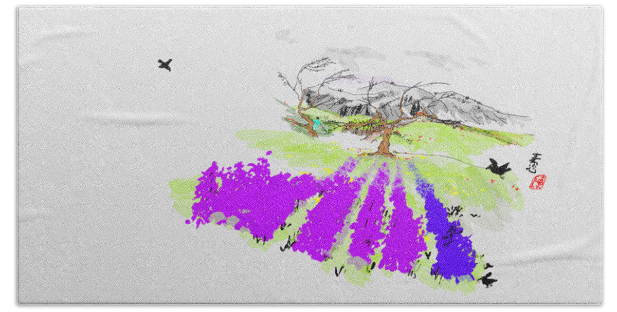 Landscape.  Lavender .fields.. Beach Sheet featuring the digital art Luciana country by Debbi Saccomanno Chan