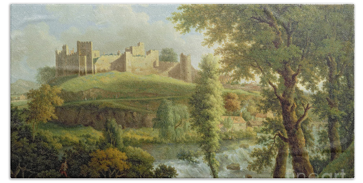 Ludlow Beach Towel featuring the painting Ludlow Castle with Dinham Weir by Samuel Scott
