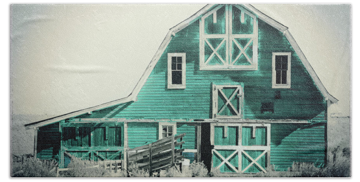 Barn Beach Towel featuring the painting Luna Barn Teal by Mindy Sommers