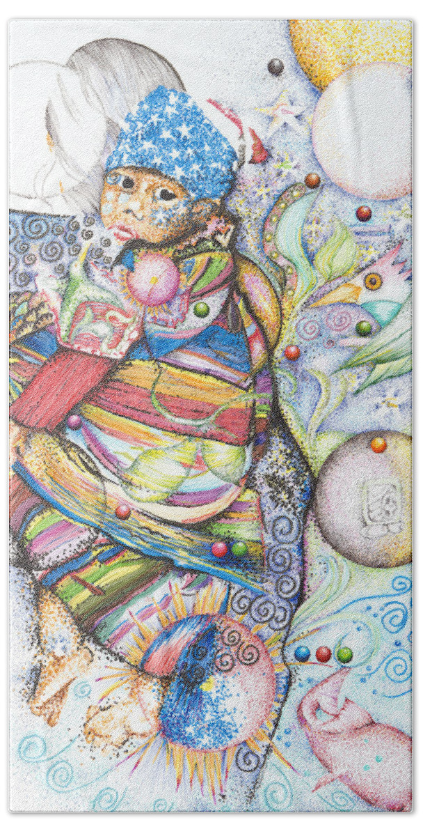 Mayan Beach Sheet featuring the drawing Lunas y Estrellas Perdidas- Sombra de Arreguin by Doug Johnson