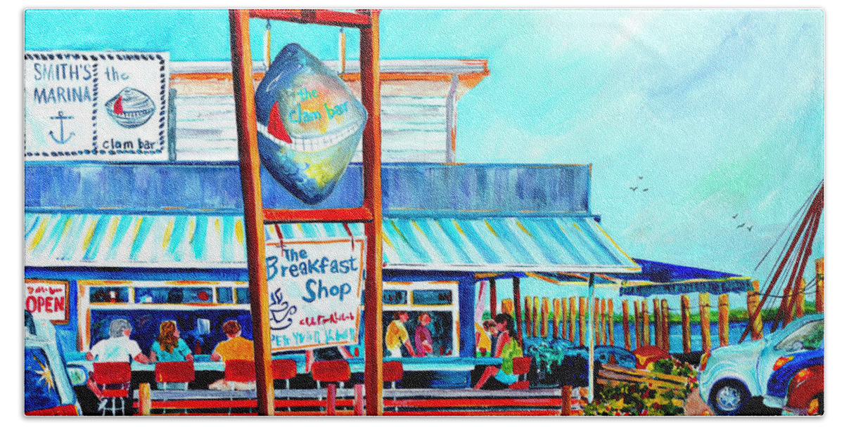 Clam Bar Beach Towel featuring the painting Lunch at the Clam Bar by Phyllis London