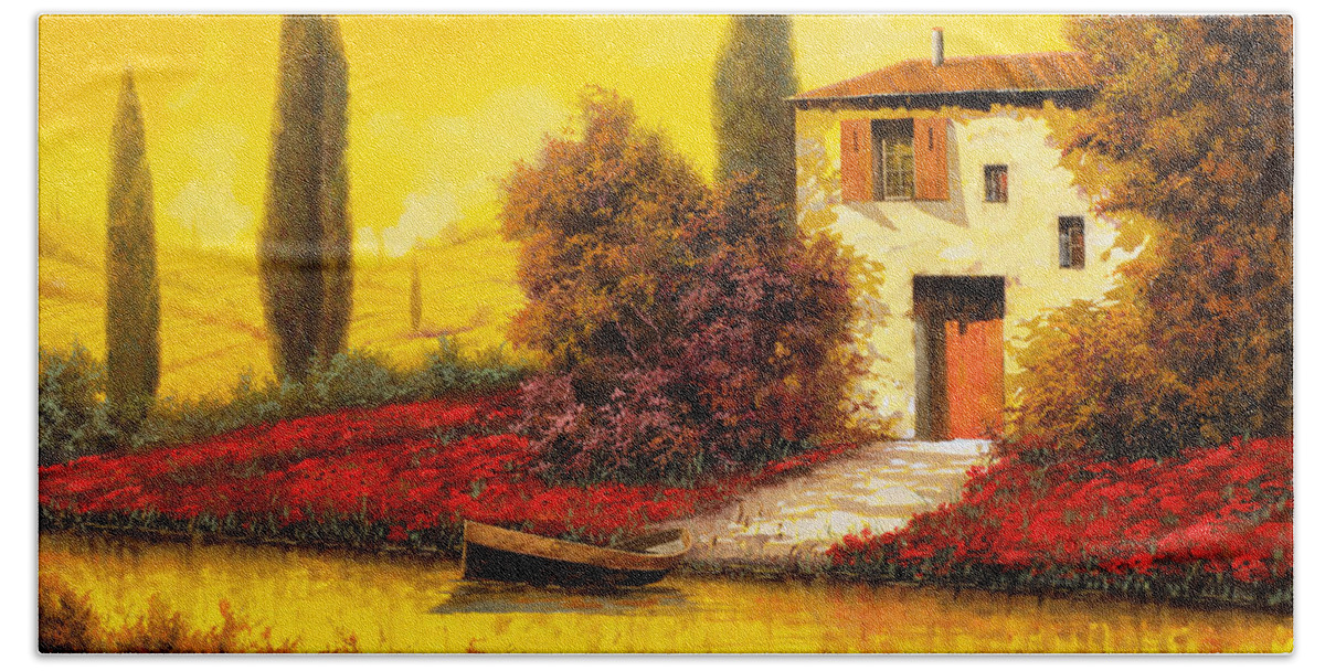 Landscape Beach Towel featuring the painting Tanti Papaveri Lungo Il Fiume by Guido Borelli