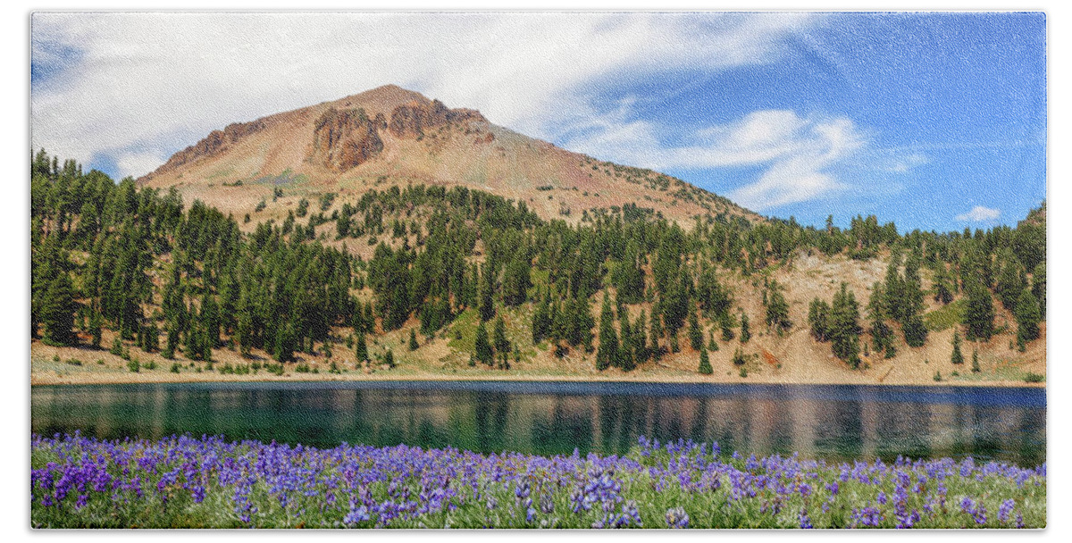 Mount Lassen Beach Towel featuring the photograph Lupines Lake And Lassen by James Eddy