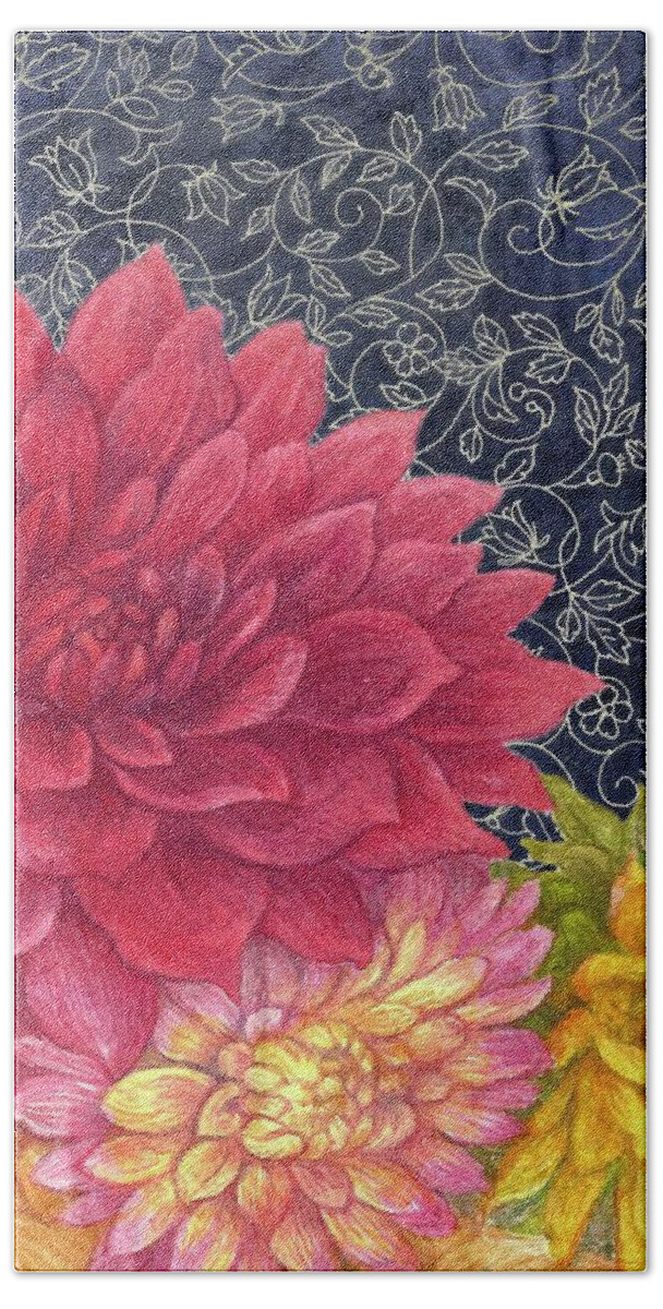 Red & Yellow Beach Sheet featuring the painting Lush Fall Botanical by Judith Cheng