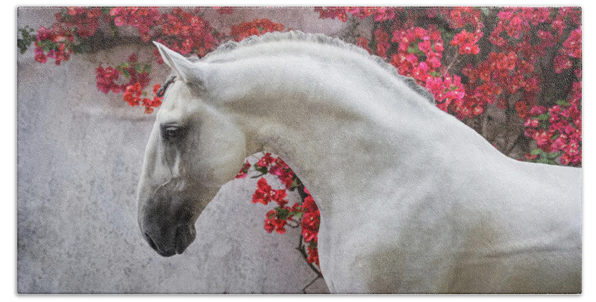 Russian Artists New Wave Beach Towel featuring the photograph Lusitano Portrait in Red Flowers by Ekaterina Druz