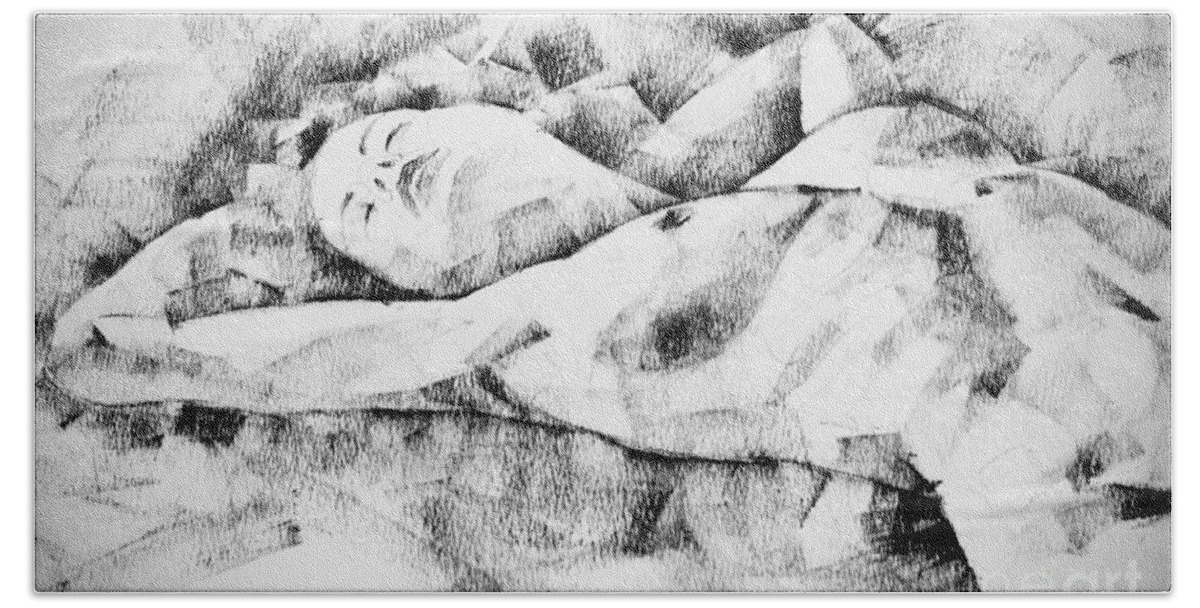 Drawing Beach Towel featuring the drawing Lying Woman Figure Drawing by Dimitar Hristov