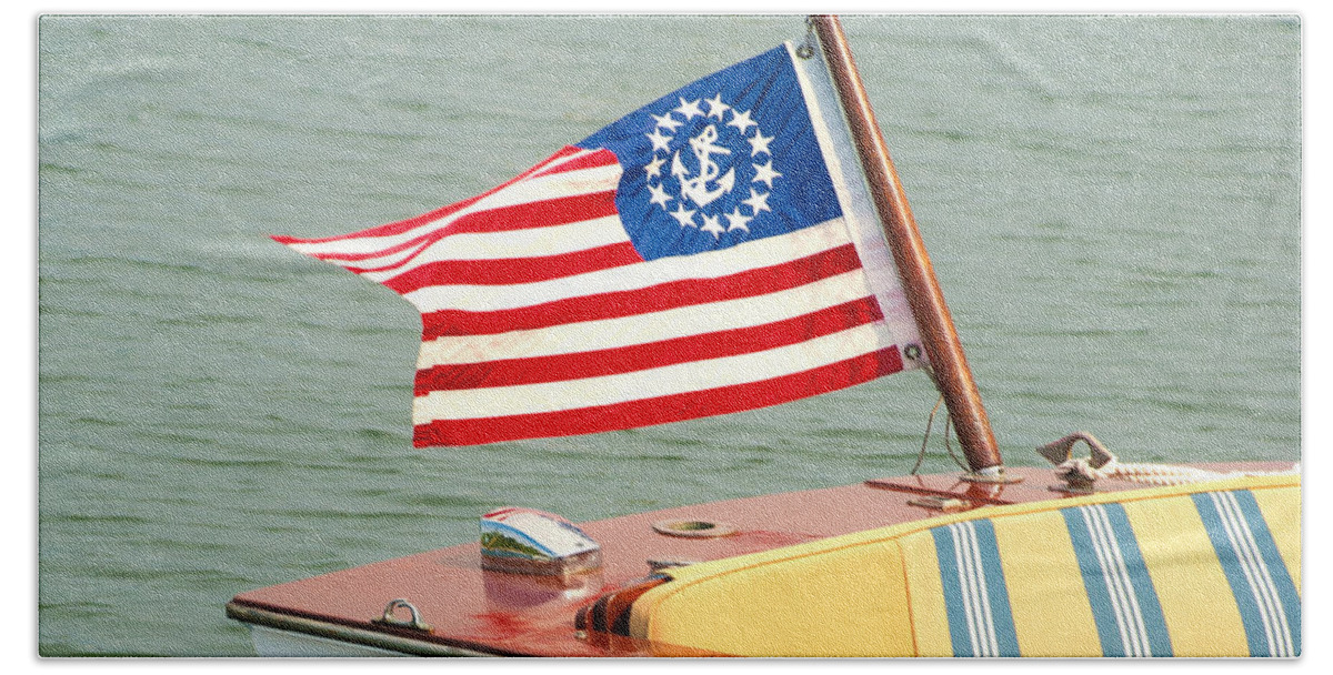 Charles Harden Beach Sheet featuring the photograph Vintage Mahogany Lyman Runabout Boat with Navy Flag by Charles Harden