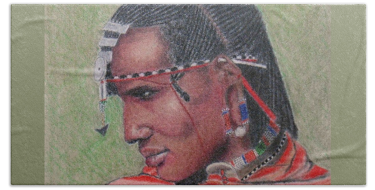 Maasai Beach Towel featuring the pastel Maasai Warrior II -- Portrait of African Tribal Man by Jayne Somogy