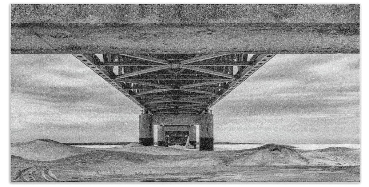 John Mcgraw Beach Towel featuring the photograph Mackinac Bridge in Winter Underneath by John McGraw