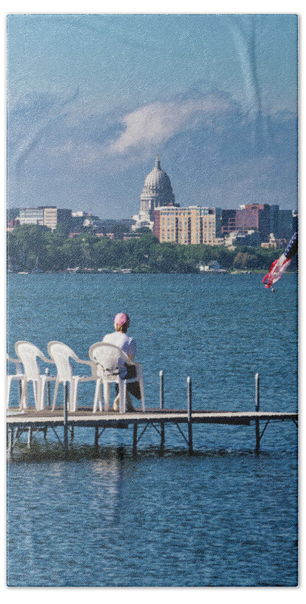 Madison Beach Towel featuring the photograph Madison Capitol across Lake Mendota by Steven Ralser