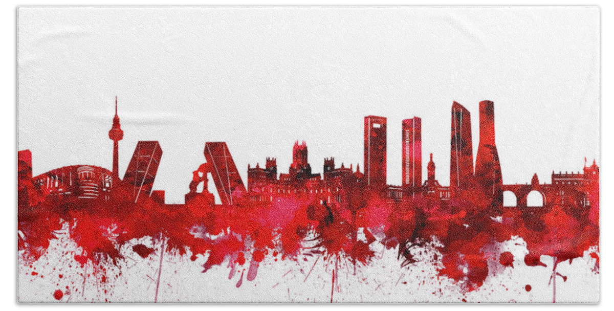 Madrid Beach Towel featuring the digital art Madrid City Skyline Watercolor Red by Bekim M